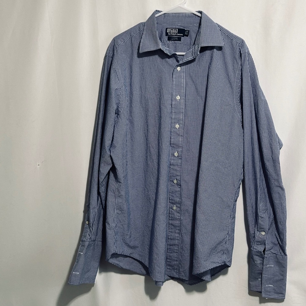 Polo Ralph Lauren Curham Classic Fit Gingham Dress Shirt Blue White 16.5 35